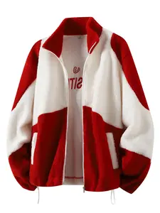 Women's Colorblock Lamb Fur Coat, Heart Embroidery Letter Print Loose Stand Collar Jacket, Fall Winter Warm Casual Top