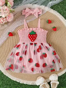 Baby Girls Cute Summer New Strapless Top with 3D Strawberry Decoration, Mesh Strawberry Triangle Tank Top with Headband, Outdoor Sports Wear Baby Clothing