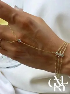 CYL&RY Triple Crystal Hand Chain Bracelet for Women Delicate Layered Chain with Bezel-Set Round CZ Stones Adjustable Finger Loop Perfect for Weddings Bridal Showers Date Nights Cocktail Parties Special Occasions Ideal Elegant Hand Jewelry