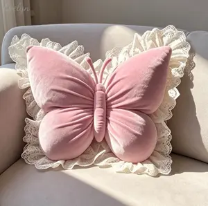 Lace Ruffled Trim Butterfly Shaped Throw Pillow, Soft Pastel Velvet Decor Cushion, Plush Filled Aesthetic Home Decor for Bedroom Sofa, Dorm & Nursery Room Styling