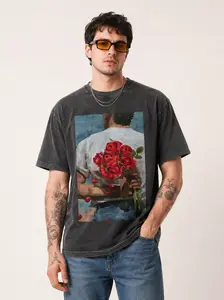 2D Flat Man Holding Red Roses Painting Print Oversized T-Shirt Acrylic Pendant Ornament For Home Decor & Gift Box Valentine Gift For Lover