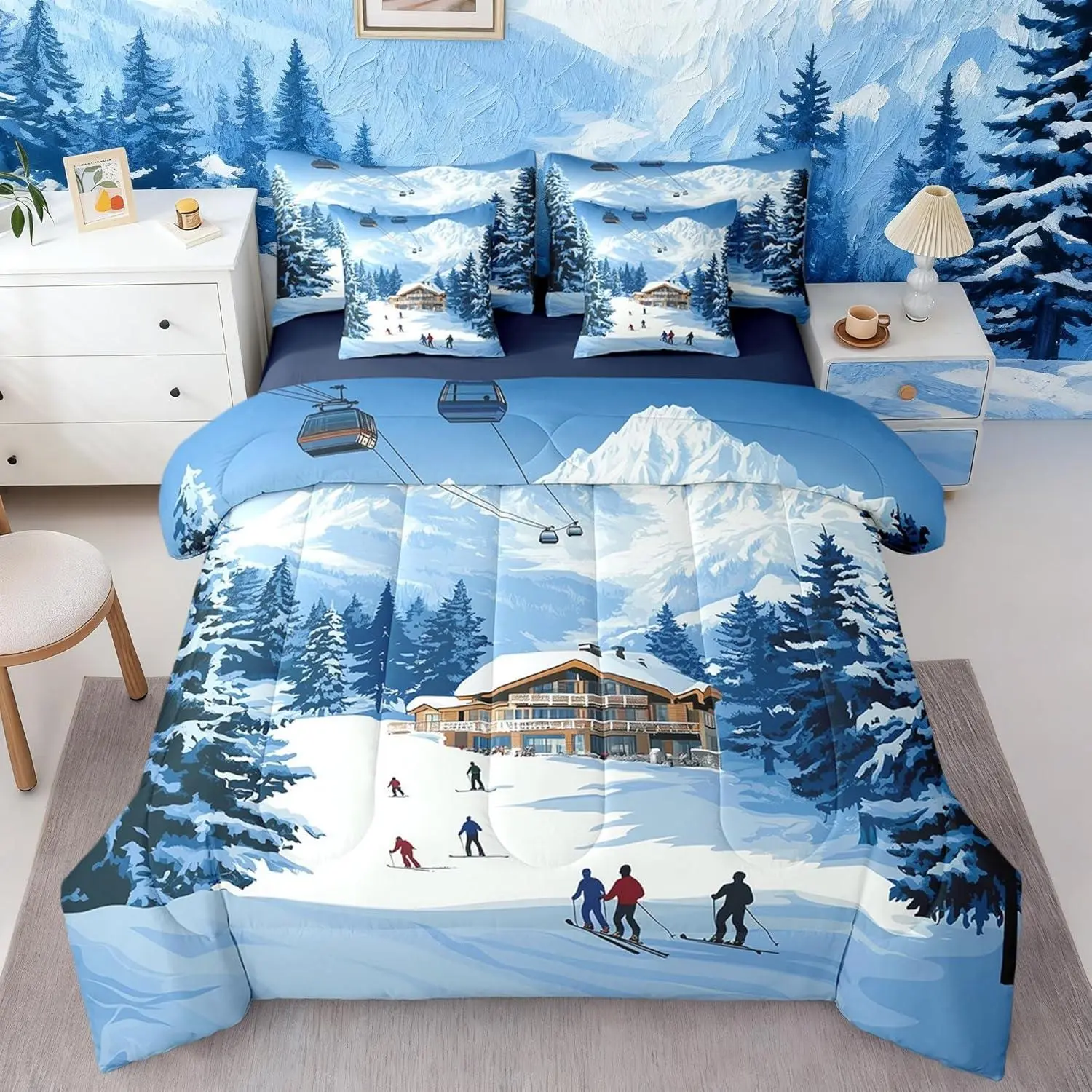 Skiing Slope 7 Pieces Bedding Set,Rustic Snowy Cabin Winter Natural Mount Pine Trees Bed in a Bag for Kids,Ski Cable Car Extreme Sports Theme Comforter Set with Sheets,Pillow Covers