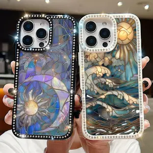 [IP 17 & IP 16 NEW] Sun Moon Celestial Faux Stained Glass Collection Printed Phone Case for iPhone 17 16 iPhone 15 Pro/14/13/11/16 Pro, shockproof Wireless Charging  Mosaic Aesthetic Fashion Trendy High Quality Design, full-coverage double-sided diamond