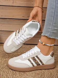 Women's White & Leopard Print Retro Training Sneakers, Casual Walking Shoes, Stylish Daily Commute & Outdoor Leisure Footwear, Comfortable Breathable Fashion Trainers, Versatile, Trendy Walking Sneakers