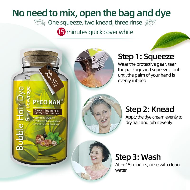 PYEONAN Unisex Bubble Hair Dye, Ammonia-Free, Natural Plant Extracts, 2-in-1 for Gray Coverage and Hair Care, Gray Hair Turns into Black or Dark Brown with Herbal Ingredients, No Bleaching, 10 Bags Hair Color 5.6 Oz./160g