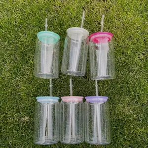 Drinkware Acrylic Beer Can Cups w/Lids and Straws 16oz Colorful Set Tumbler Bottle Plastic
