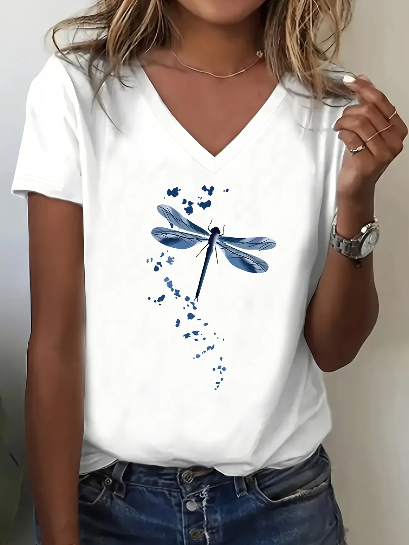 Women's Fashion Dragonfly Print V-Neck Short Sleeve Summer T-Shirt Top, Soft Stretch Fabric, Comfortable Casual Wear