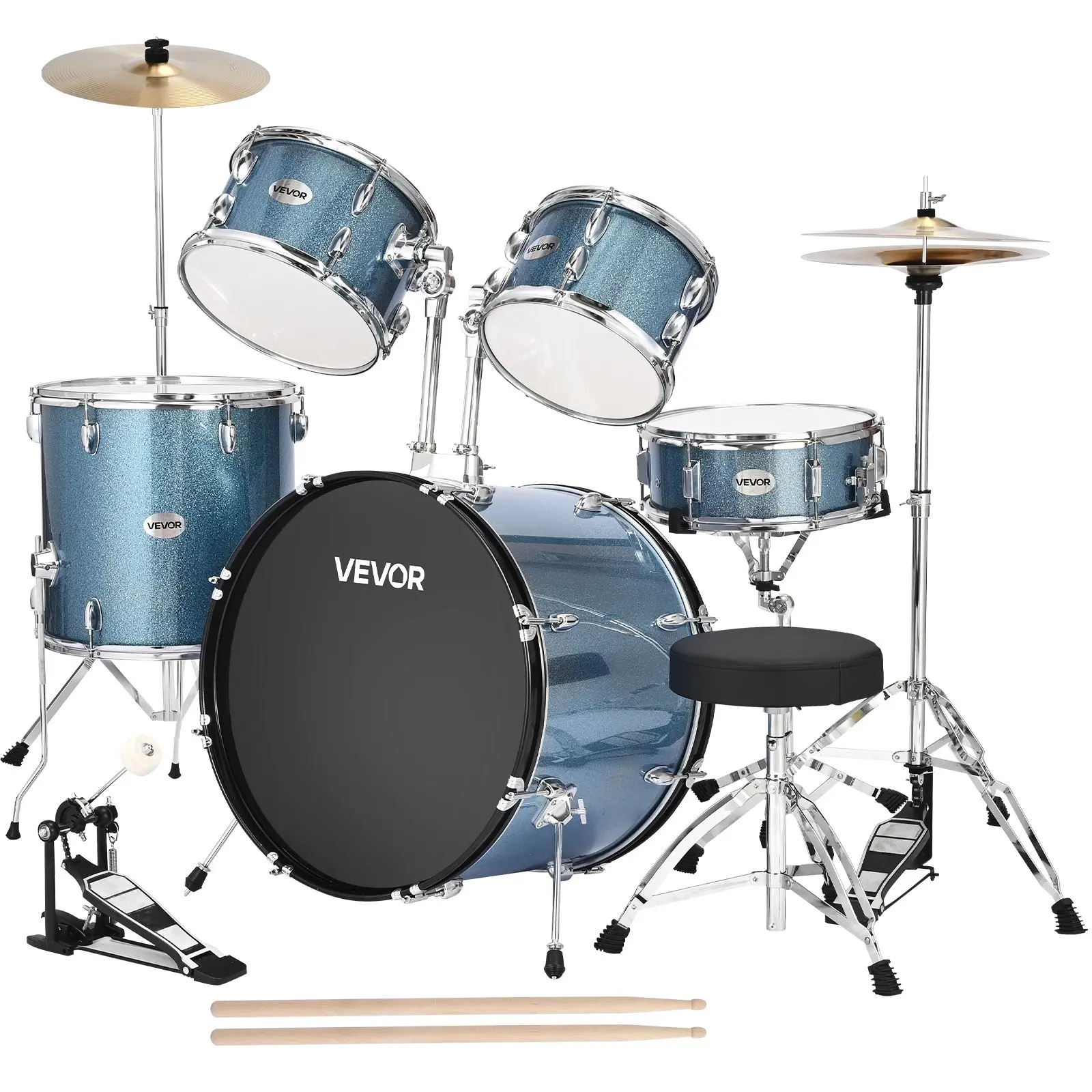 【DealsForYouDays】VEVOR Drum Set, 5-Piece 22 in Junior Drum Sets, Beginner Drums Set with Adjustable Throne, Cymbal, and Drumsticks, Musical Learning Drums Instrument Kit, for Beginner, Teens & Student (Gravel Blue)Summervibes