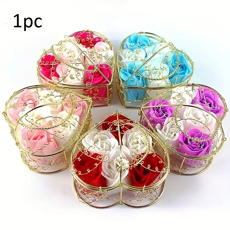 Scented Soap Roses, Metal Basket Gift Box, Artificial Rose Soap Flowers, Creative Home Decor, Wedding Valentine'S Day Birthday Gift, Red Pink Blue Purple Dual-Tone Mix, No Power Needed, Tabletop Display