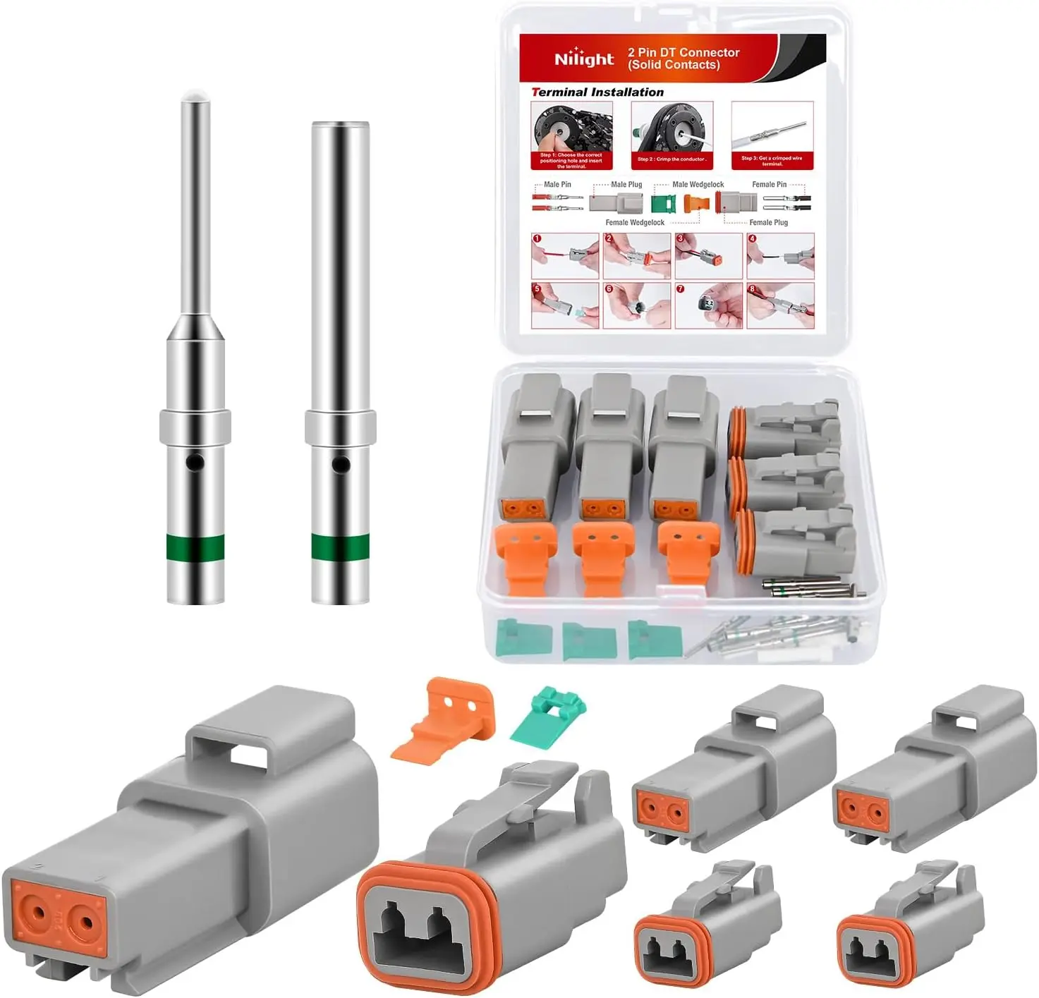 Nilight 3 Sets 2-Pin DT Connector Kit - 6 Pairs Size 16 Solid Contacts, PA66 Nylon Construction, Waterproof Seal, 14-20 AWG Male-Female Receptacles, 13A Continuous, -14°F to 176°F for Boat, Truck, Racing Projects