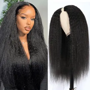 QVR V Part Kinky Straight Protective Style Wigs No Lace No Gel Glueless Kinky Human Hair Wigs For Women