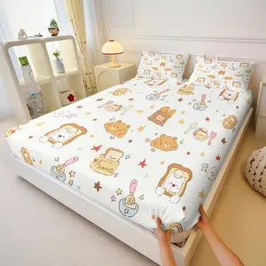 Cute Cartoon Bakery Print Fitted Sheet Set,Includes 1 Fitted Sheet and 2 Pillowcases,Deep Pocket Design Fits All Mattresses,Adorable Pastry & Animal Pattern Bed Sheet Set,Ideal for Kids Teens Bedroom Decor,Suitable for Home Bedroom Dorm Room Use