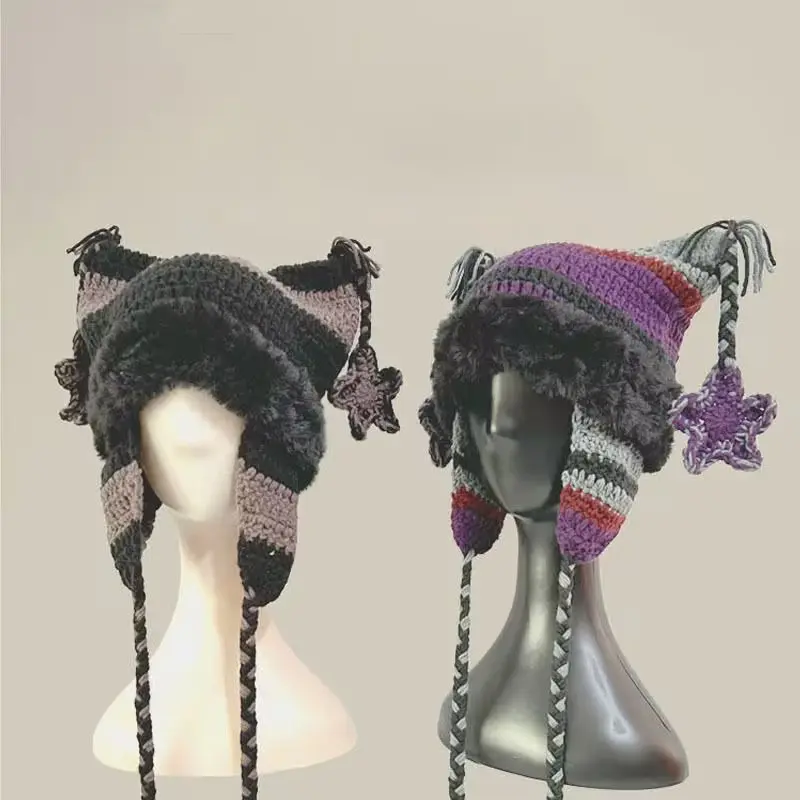 Beanies Cat Beanie Y2k Beanie Goth Knit Hat Grunge Crochet Hats for Women y2k Accessories y2k style Winter Thicken keep warm