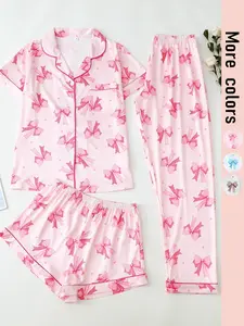 Women's Bow Print Pajama Set, All Over Print Top & Shorts & Pants PJ Set, Casual Comfy Loungewear Nightwear Pyjama Set for Women