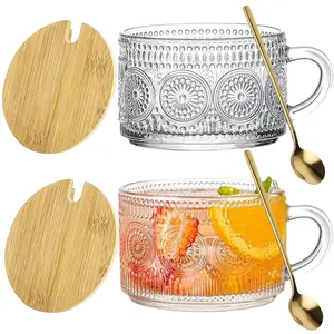 2 Pack Vintage Coffee Tea Cups, Overnight Oats Containers with Bamboo Lids and Spoons - 14oz Clear, Transparent Embossed Glass Cups, Coffee Bar Accessories, Iced Coffee Glasses, Ideal for Cappuccino, Latte, Yogurt, Beverage Hot/Cold, Tableware