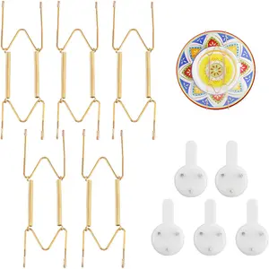 5 Pack Plate Hangers for Wall, Suitable for 6-8 inch Art Plate, Stainless Steel Invisible Heavy-Duty Wire Plate Holder with Wall Hooks, Display Hanger for Decorative Plates/Dishes/Platters(Gold)