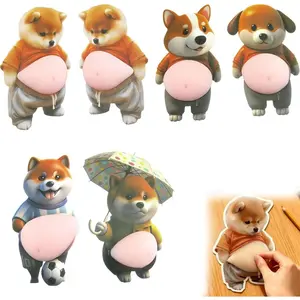 3D Shiba Inu Dog Soft Silicone Belly Sticker, Anti-Collision Wall Decal, Cute Puppy with Pink Belly in Orange Outfit, 4.7inch Home Decor Gift (3PCS)