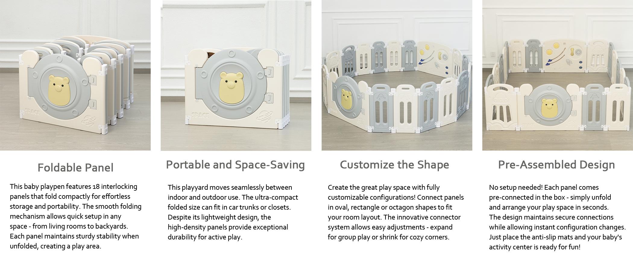 Baby Playpen with Lock Door,Adjustable Game Panel,Foldable Toddlers Play Yard, 18-Panel Safety Kids Fence for Indoor & Outdoor,Baby Gate Activity Centre, Gray White