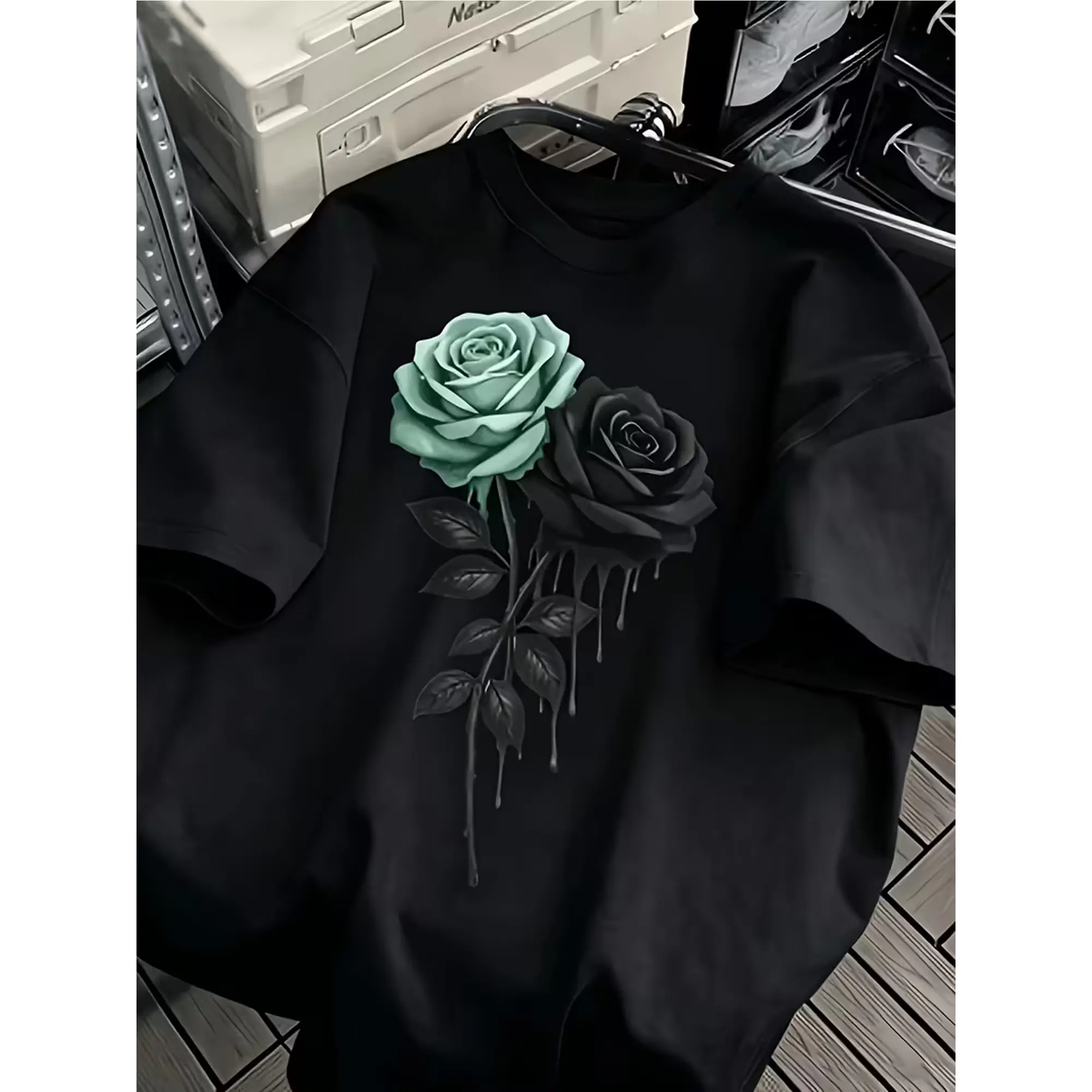 Women's Preppy Style Color-Block Soft Cotton Rose Print Short Sleeve T-Shirt - Mint Green Black Double Rose Ink Drop, Loose Round Neck Unisex Top for Streetwear Outfits, Daily Commute