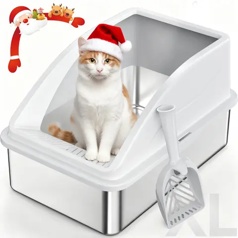 AIPERRO XL&XXXL Stainless Steel Cat Litter Box  High Sided, Anti-Urine Leakage for Large&Small Cats, Easy to Clean with Scoop for Multi-Cat Homes Non-Sticky Absorbs Odors