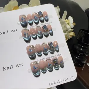 10pcs high-end Gradient pinkish blue handmade Press On French Tip Nails, Blue butterfly nail art handmade fake nails, Glossy Finish, Glitter Nails