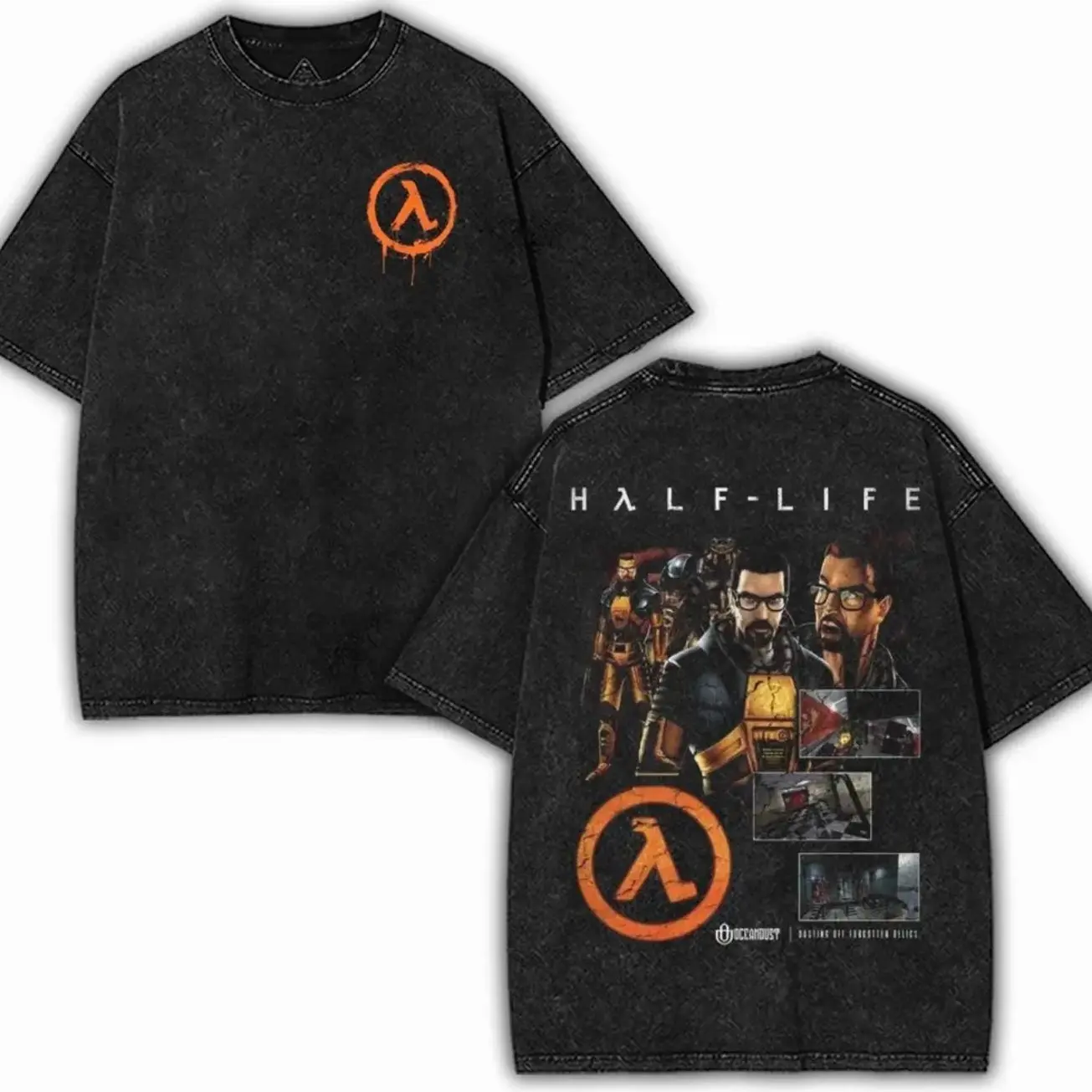 Half-life Washed Unisex Graphic Tees, Casual Crewneck Short Sleeve Washed Tshirt 2 Sided Cotton unisex graphic tees gamer merch, Black Cotton Tee with Graphic Design Featuring "HALF-LIFE" 12G
