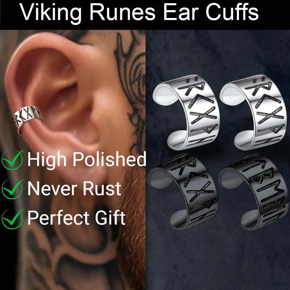 FaithHeart Norse Viking Runes Ear Cuffs Hoop Earrings for Women Men Gothic Jewelry Father's Day gift