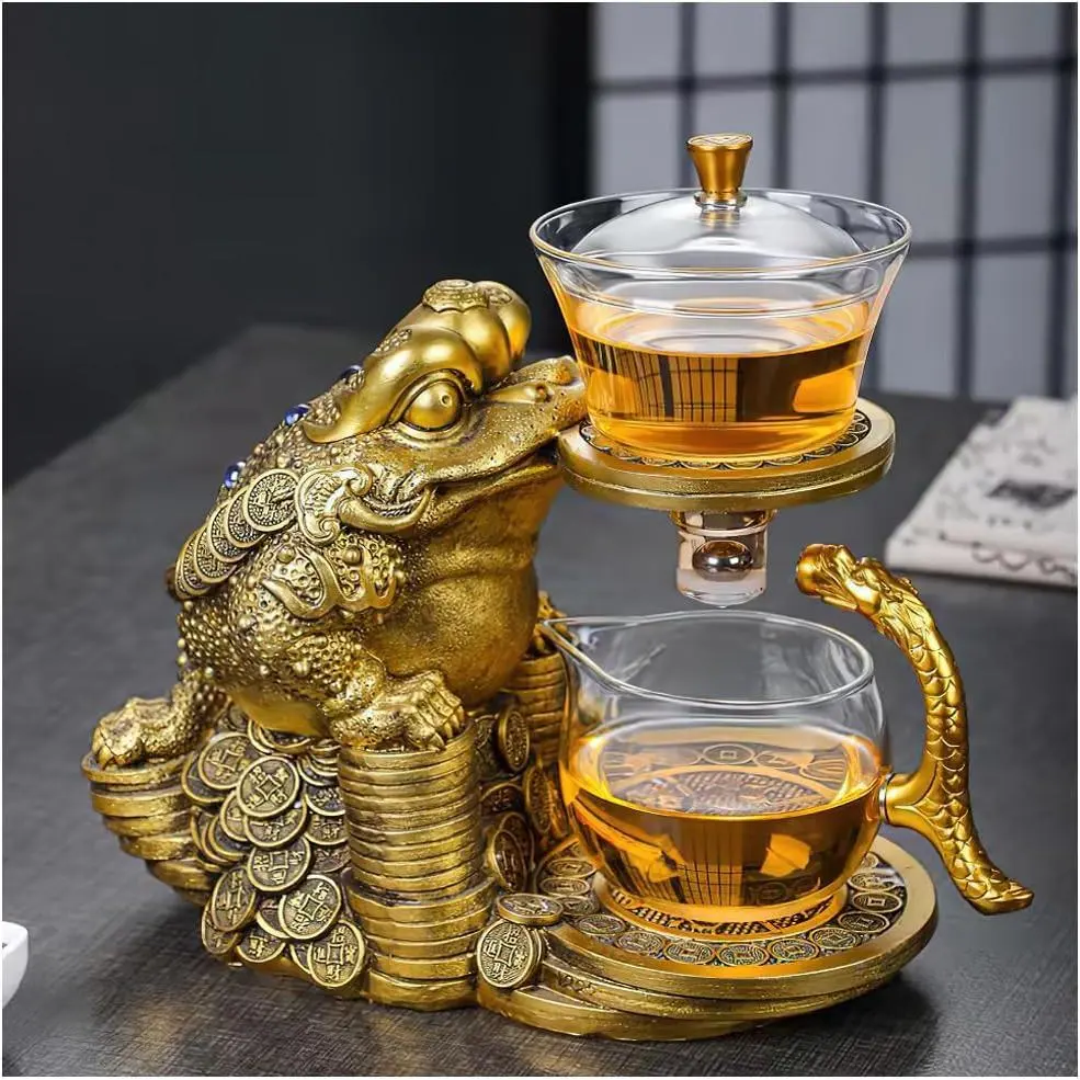 Golden Cicada Shaped Magnetic Glass Teapot with Dragon Handle - Semi-Automatic, Magnetic Base, Lazy Drip Function, Steel Beads, Detachable Design, Smooth Water Discharge, Golden Toad Sculpture Tea Set for Family Home Afternoon Tea, Housewarming Gift