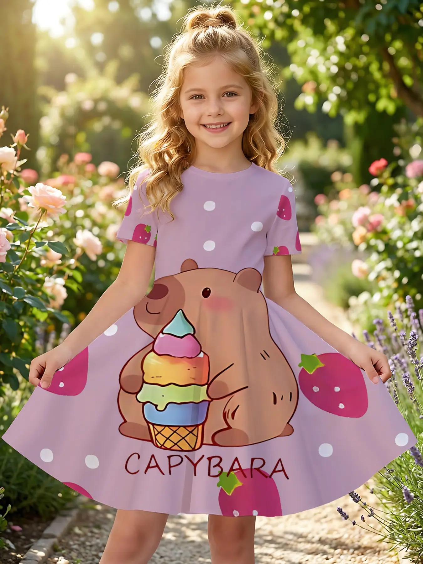 Girls Summer Short Sleeve Dress Capybara & Strawberry Polka Dot Print Breathable Loose Casual A-Line Midi Dress