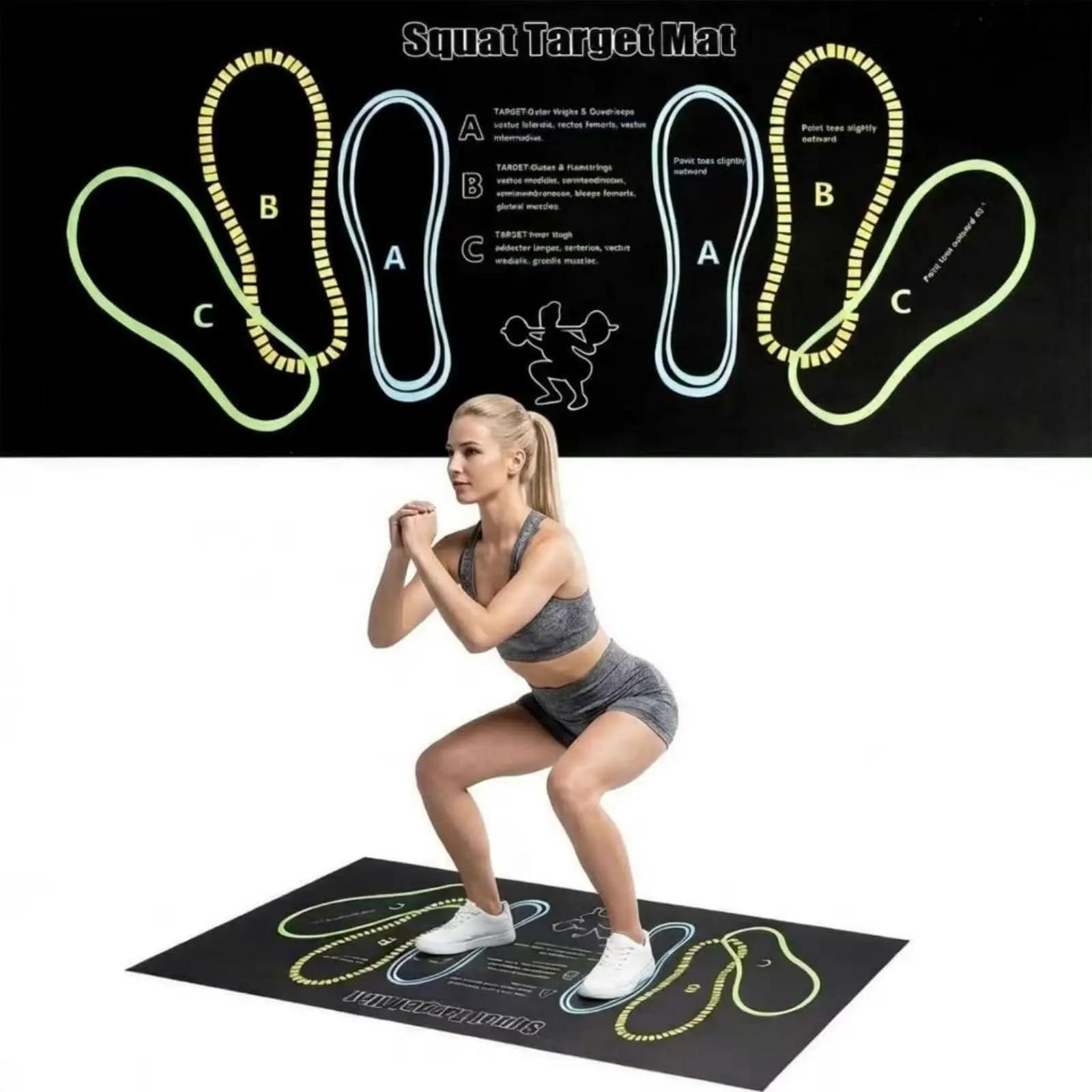 Women's Non-Slip Squat Mat with Foot Guides - 31.5x13.8" Large Size Home Gym Strength Training Equipment, 4mm Cushioning, No Odor, Injury Prevention, Comfort for Workouts