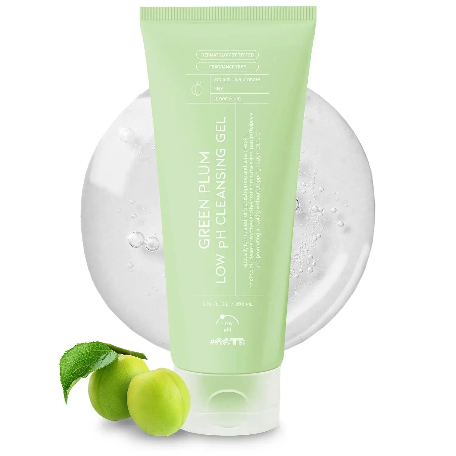#OOTD Green Plum Low pH Cleansing Gel 200ml, Gentle Korean Face Cleanser with PHA, Hyaluronic Acid and Centella for Daily Cleansing and Comfort