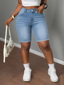 Summer High-Waisted Ripped Denim Shorts, Slim-Fitting Knee-Length Casual Wear, Button Fly Closure, Solid Pattern, Women's Fashion