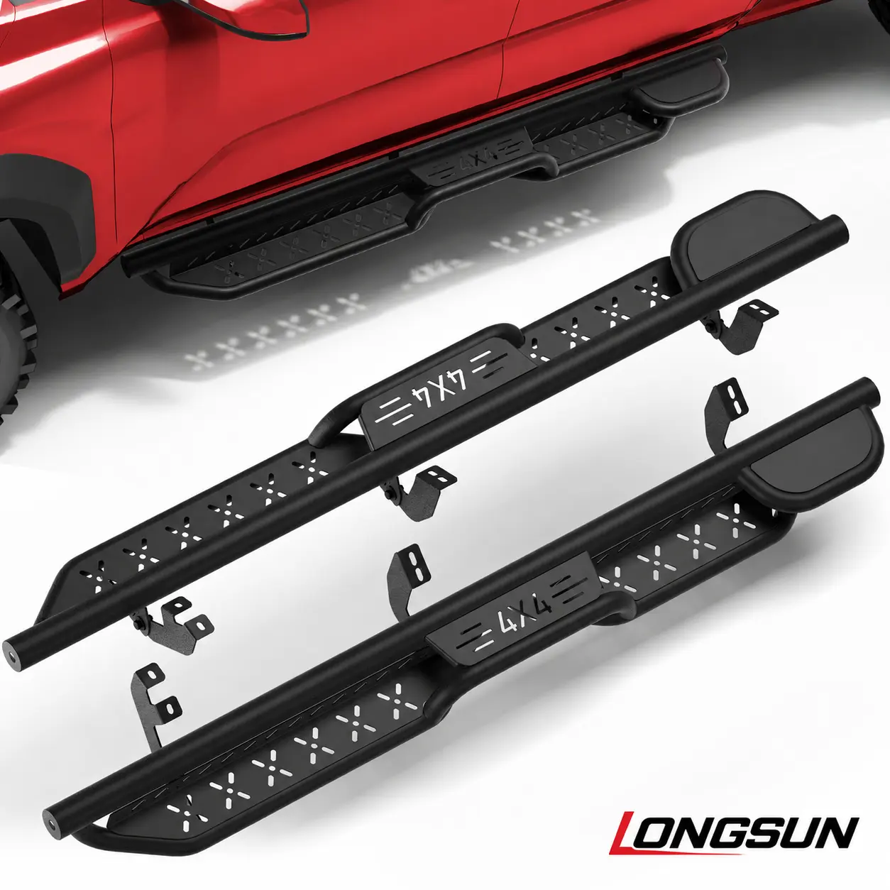 Longsun Running Boards for 2024-2026 Toyota Tacoma Double Cab Trucks, 2-Raised Step Design, Heavy-Duty Carbon Steel Nerf Bars, 2PCS Tow Hook Mount Plate Auto Accessories, Precise Fit, Enhances Usability for Daily Access