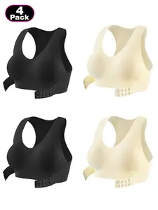 2-color 4-piece set women's front-button bra, seamless posture-correcting bra, front-button light support, push-up, posture correction, suitable for daily home wear, going out, and dating outfits, Backless, Everyday