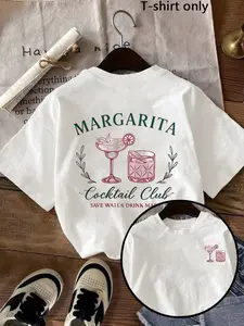 Vintage Fresh Style Margarita Cocktail Graphic Print Women's Round Neck T-Shirt, Breathable Fitted Casual Top for Daily Commute and Parties