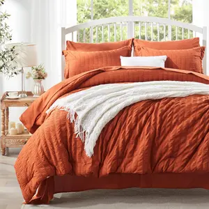 Queen Comforter Set 7 Pieces, Burnt Orange Seersucker Bed in a Bag with Sheets, All Season Bedding Sets with 1 Comforter, 2 Pillow Shams, 2 Pillowcases, 1 Flat Sheet, 1 Fitted Sheet