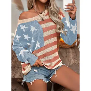 Color Block American Flag Striped Knit Pullover Top - Women's Casual Crew Neck - 100% Polyester, Spring/Summer Collection
