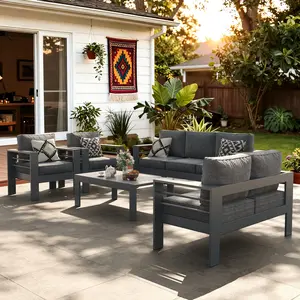 【3/4 Packages Shipping】LayinSun Outdoor Aluminum Furniture Set with Fire Pit Table, Patio Sectional Conversation Chat Sofa Modern Seating Set