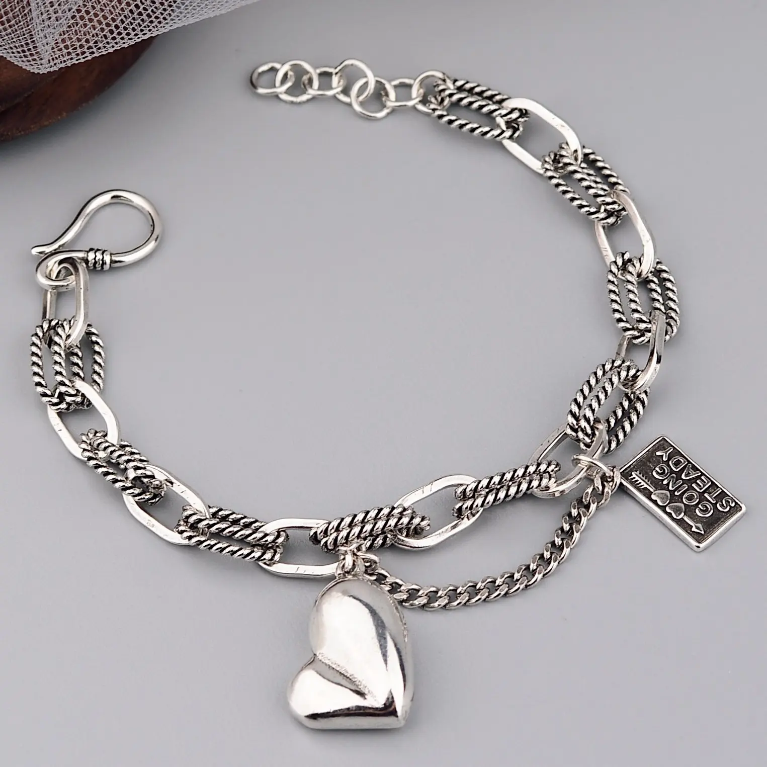 Women's Thai Silver Bangle - Engraved Square Plate, Retro Asymmetrical Design, Personalized Ring Buckle, Heart Motif Engagement Jewelry, Artificial Gemstone Hand Accessory, Square Engrave