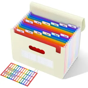 12-Pocket Expandable Accordion File Organizer for Monthly Bills & Receipts - Portable A4/Letter Size Document Holder with Colored Tabs - Ideal for , Office & Travel Folder- Beige Color