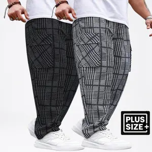2-pack – plus-size men’s herringbone long pants for summer, lightweight fabric with an elastic drawstring waist; casual style, stretchy, breathable, soft material; solid color, versatile plus-size men’s pants, tropical style.