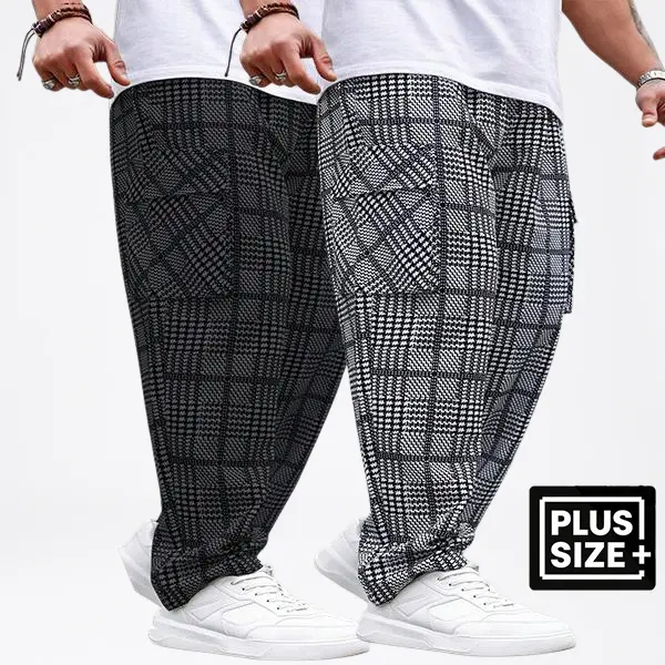 2-pack – plus-size men’s herringbone long pants for summer, lightweight fabric with an elastic drawstring waist; casual style, stretchy, breathable, soft material; solid color, versatile plus-size men’s pants, tropical style.