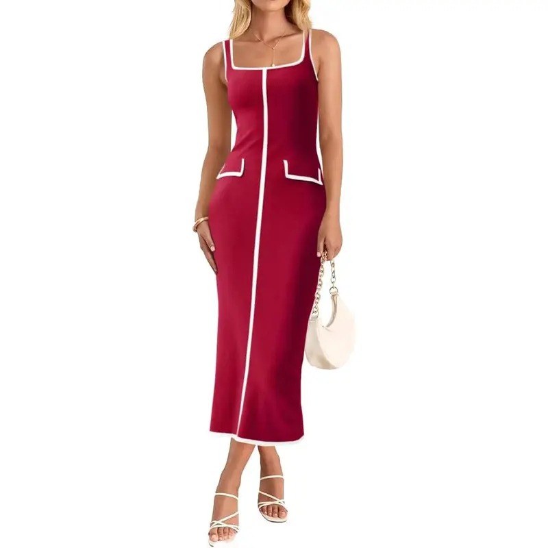 Saodimallsu Women's Elegant Shrink-Resist Knitting Fitted Bodycon Midi Dress - Color Block Square Neck Wide Strap Sleeveless Tank with Deco Pockets, Retro Style for Beach, Evening Events