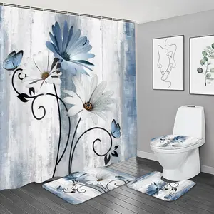4 count Rustic Blue Flower Farmhouse Shower Curtain Set, Blue Daisy Floral Bathroom Decor Accessory Set