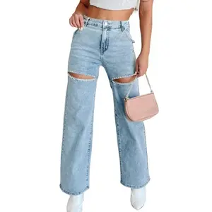 Kedera Women High Waist Denim Jeans Rhinestone Trim Bling Jeans Plus Size Denim Pants