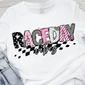 Race Day Vibes Racing Girl T-Shirt, Checkered Flag Race Mom Game Day Outfit, Trendy Motorsport Style Gift, Summer Outfit, Gift for Mom Women, Trending Shirt