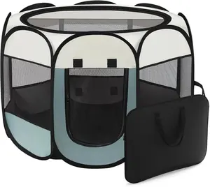 Dog Cat Playpen, Puppy Pet Playpen Indoor for Small Dogs Tent Crates Cage Outdoor, Portable Pop Up Dog Kennel Playpen with Carrying Case for Dogs/Cats/Rabbits, Removable Zipper Top, Grey