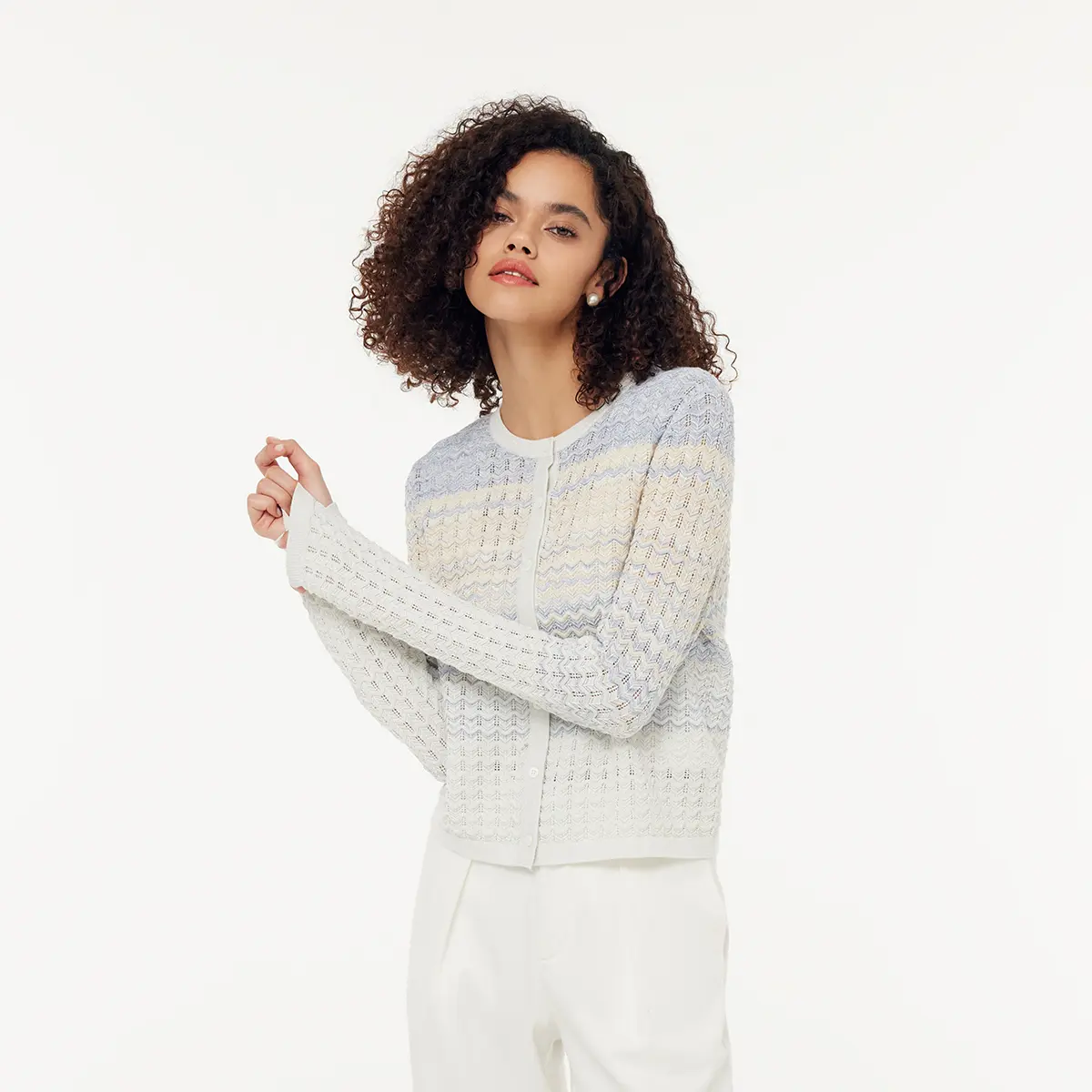 Casual Open-Front Cardigan for Women, Long Sleeve Blue and White Gradient Stripe Cotton Knit Sweater, Clothes, Flat, Knitting, Lady, Tops, Fit, Casual Wear, Knitwear, Flat Cut, Gradient Stripes