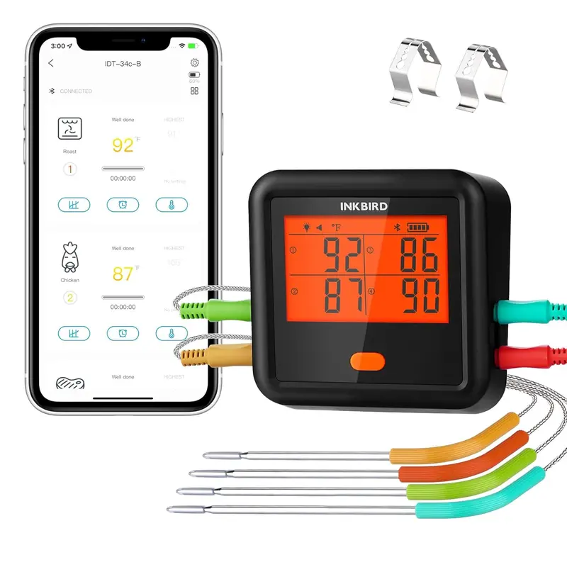 INKBIRD Wireless Bluetooth Digital Kitchen Thermometer - 4 Steel Heat-Resistant Probes, LCD Display, Oven Timer, Kitchenware Utensils for Grilling, Frying