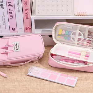 Student Colorblock Textured Stationery Bag, Dual Zipper Large Capacity Convertible Expandable Portable, Multi-Functional Storage Pencil Case, Office Supplies